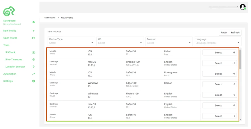Kameleo dashboard