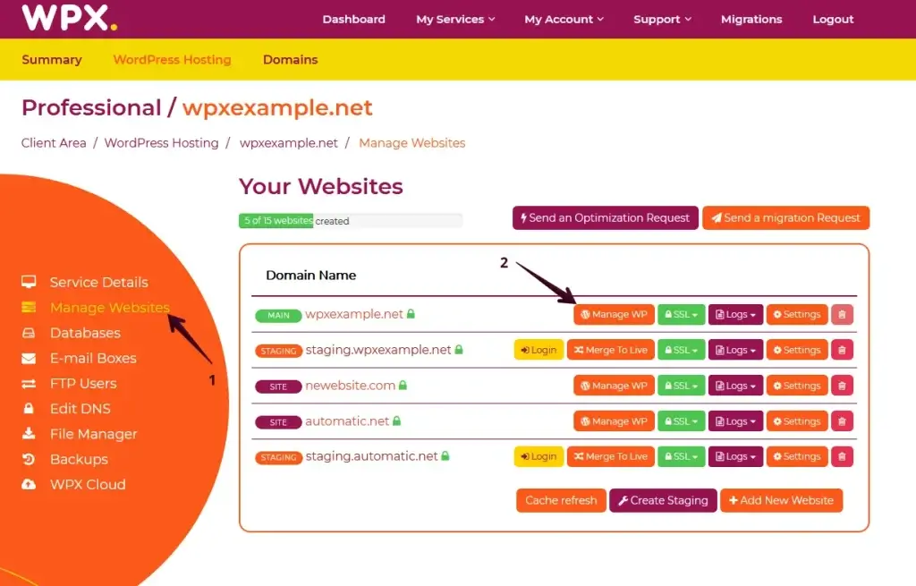 Click Manage WP in WPX Hosting Click Manage WP in WPX Hosting